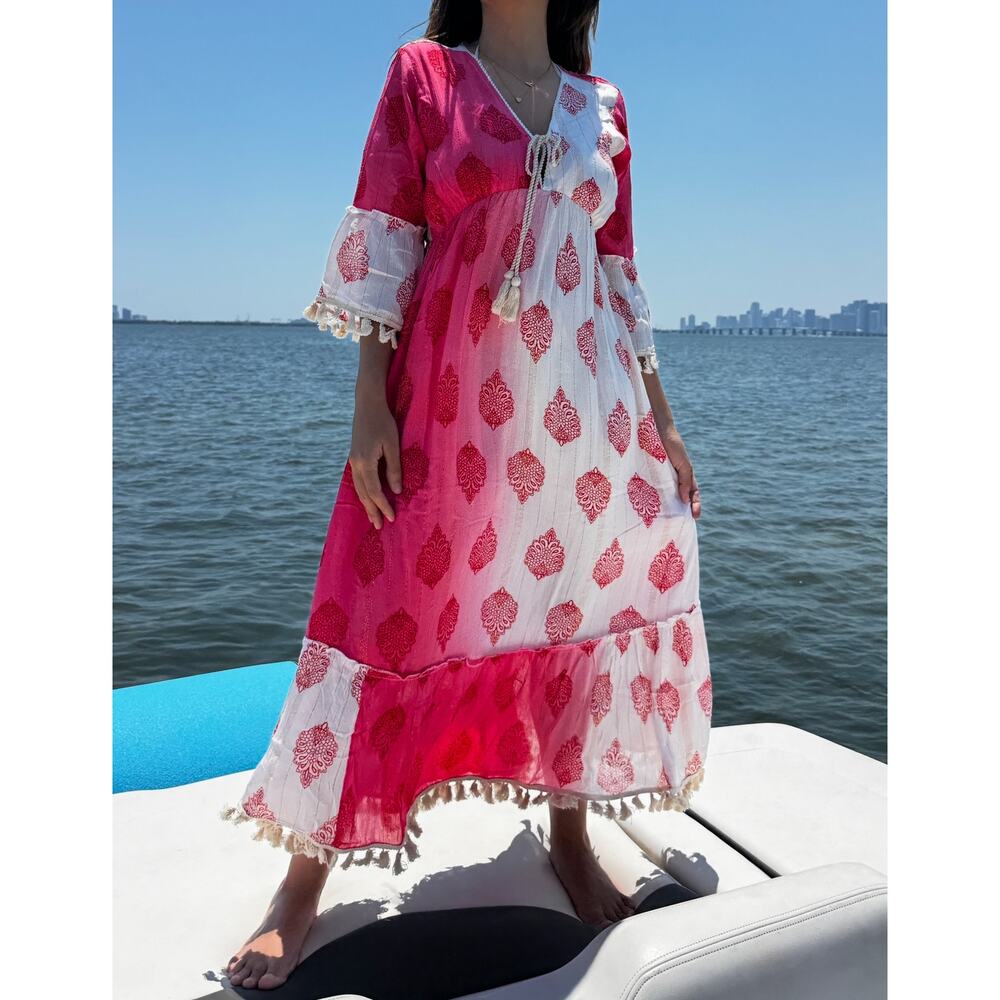 Boho Floral Pom Pom Dress with Gold and Rope Accents - Picture 2 of 3